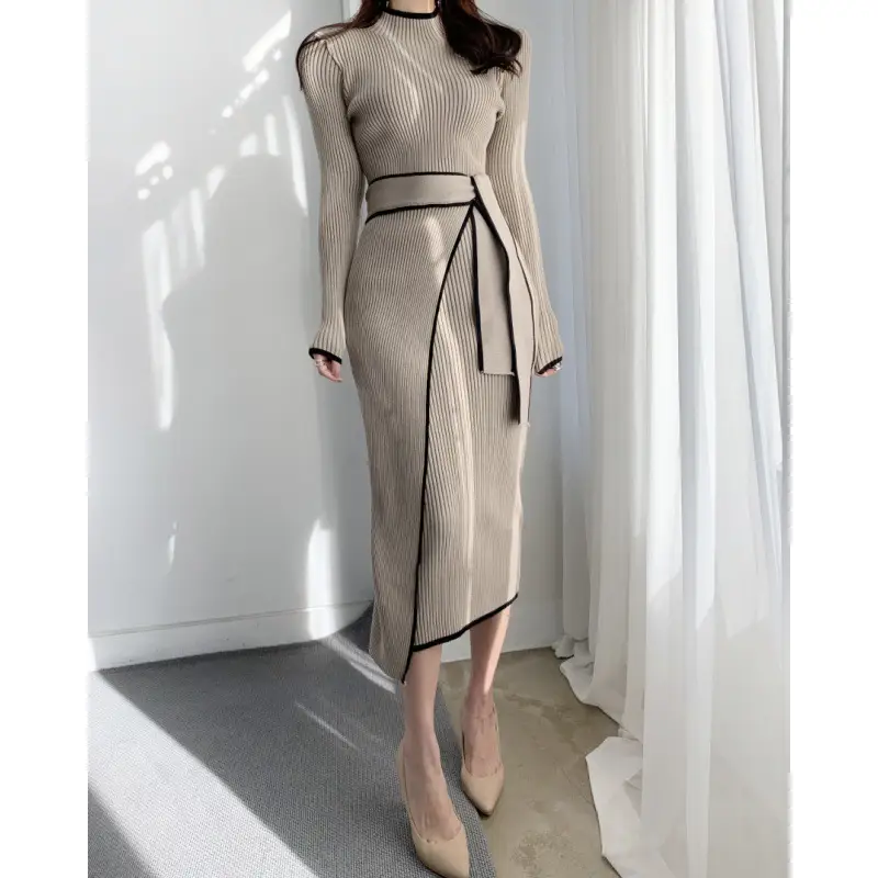 Korean Chic Autumn and Winter Retro Knitted Dress Export Women's Half Turtleneck Slim Elegant Color Matching Strap Skirt