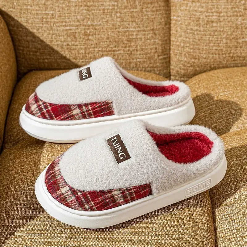 Home Warm Heelless Cotton Slippers for Women with Patchwork Plaid Plush Design New Anti-Slip Warm Furry Slippers