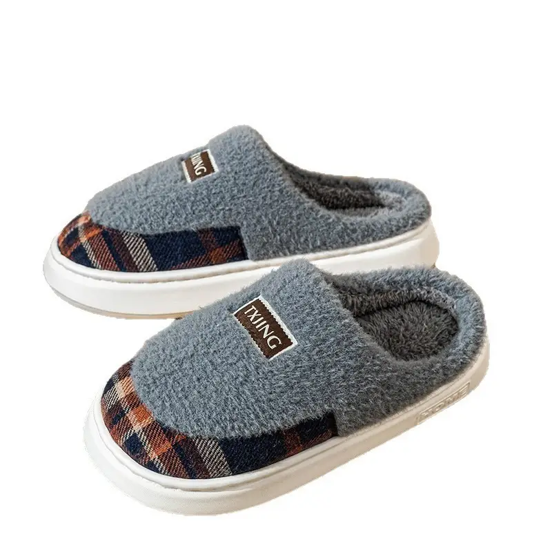 Home Warm Heelless Cotton Slippers for Women with Patchwork Plaid Plush Design New Anti-Slip Warm Furry Slippers