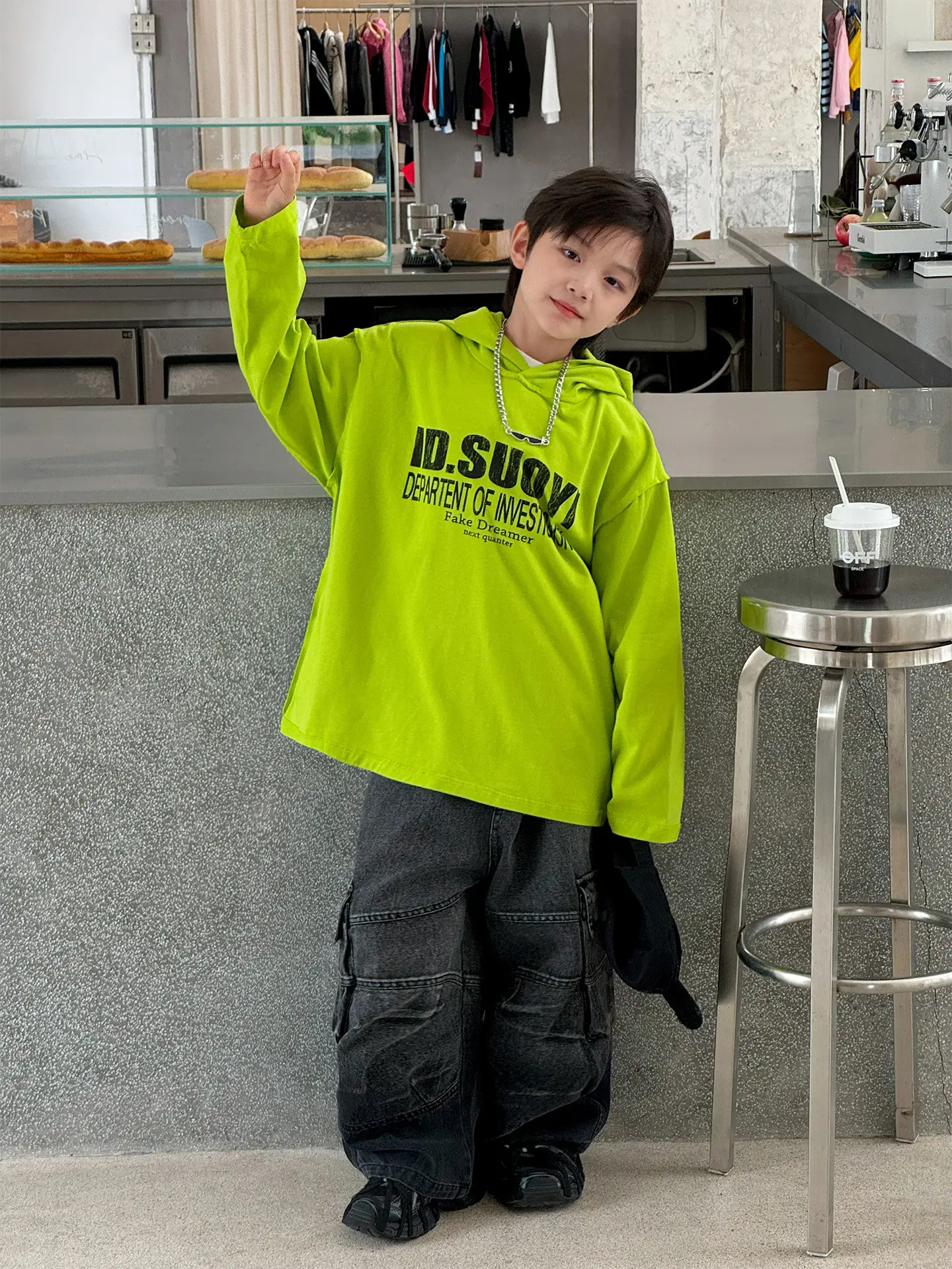 Rabbit Boys Hooded T-Shirt Green Letter Print Loose Fit