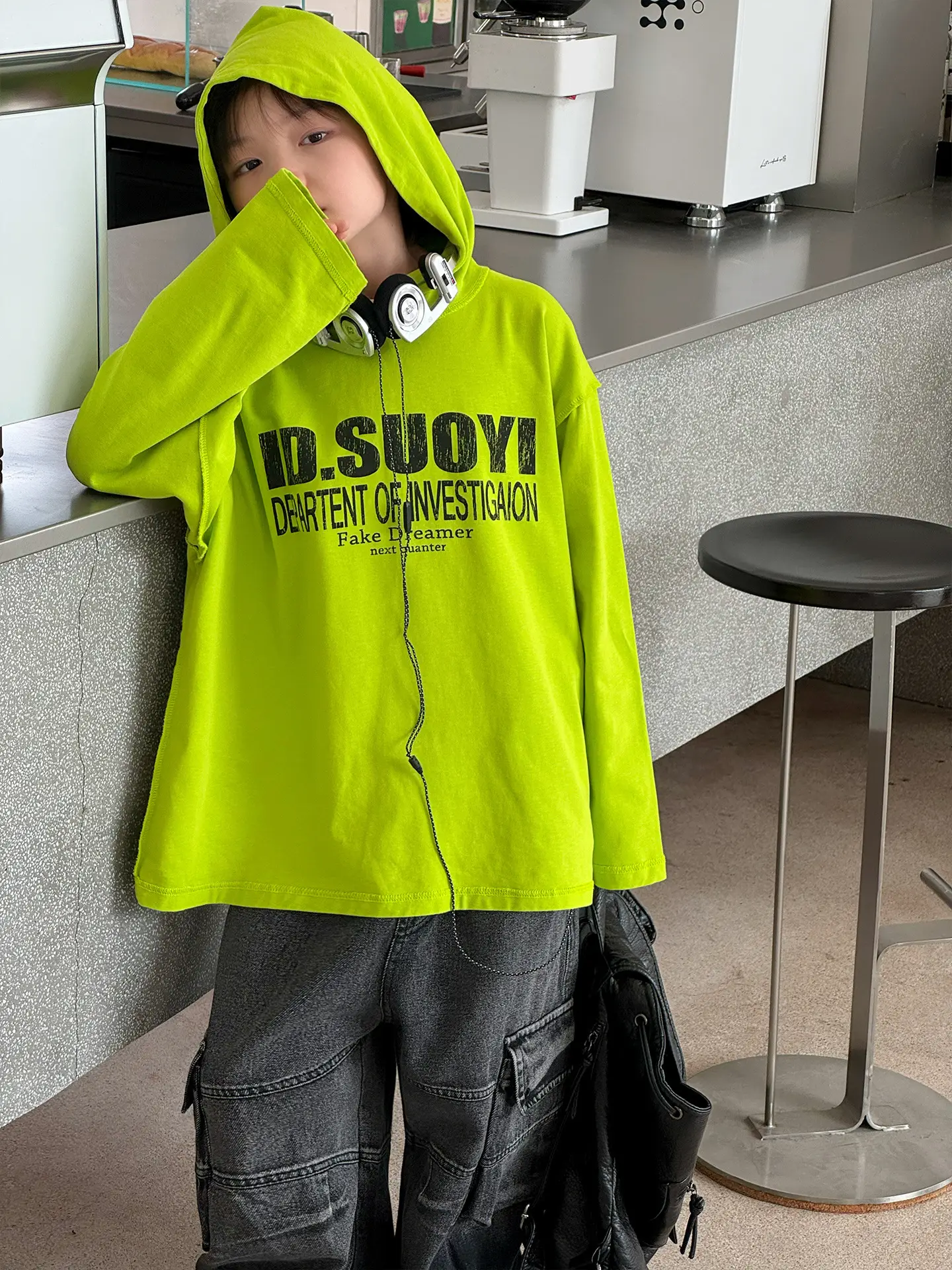 Rabbit Boys Hooded T-Shirt Green Letter Print Loose Fit