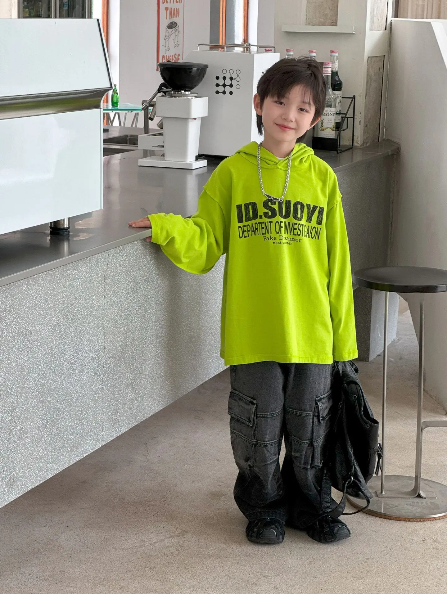 Rabbit Boys Hooded T-Shirt Green Letter Print Loose Fit — feature 13