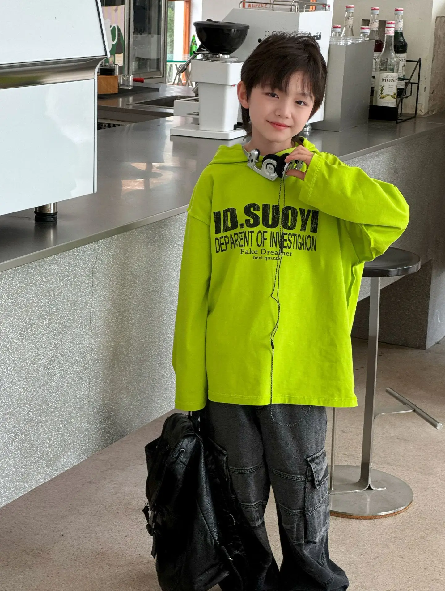 Rabbit Boys Hooded T-Shirt Green Letter Print Loose Fit — feature 15