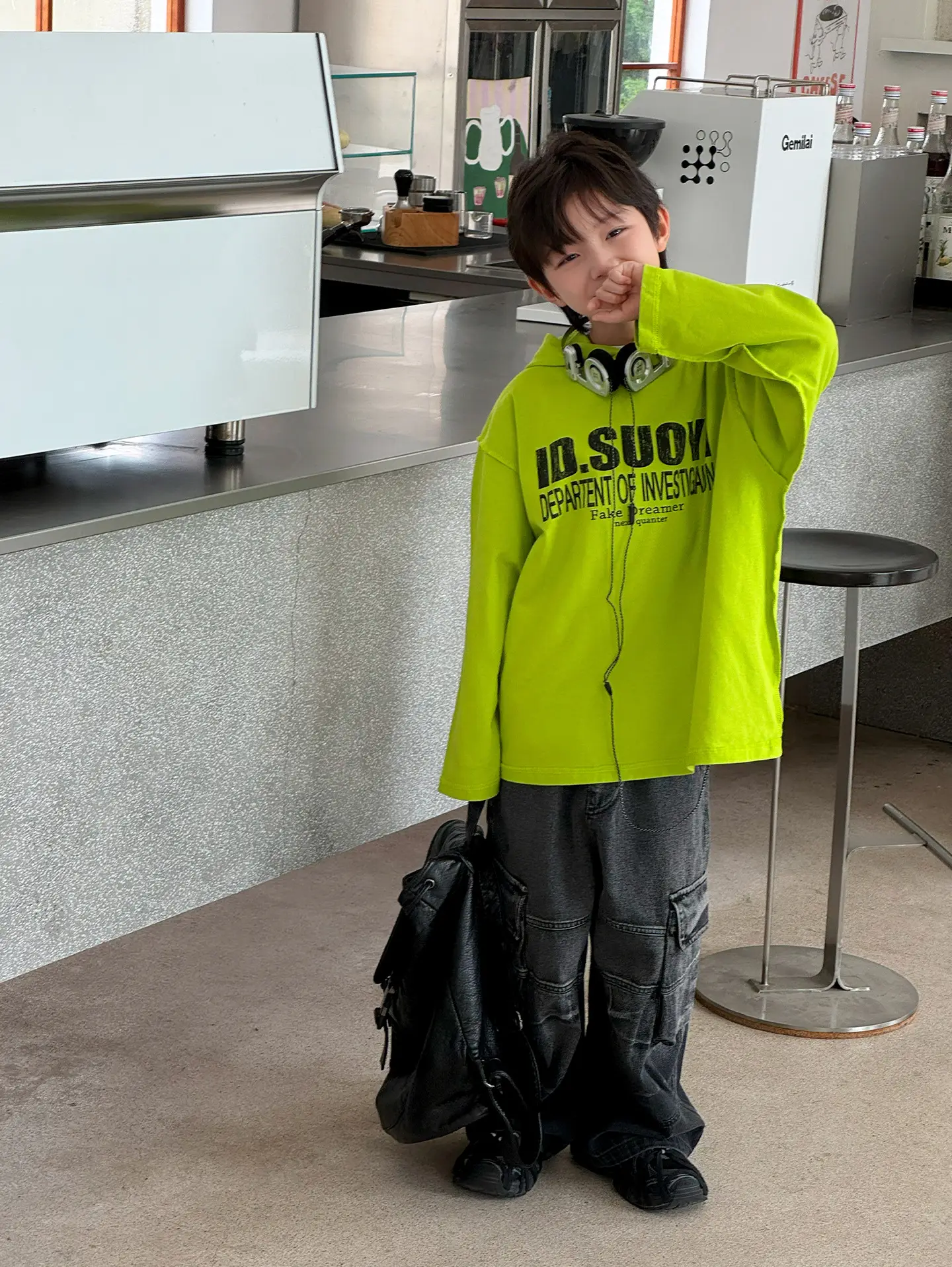 Rabbit Boys Hooded T-Shirt Green Letter Print Loose Fit — feature 8