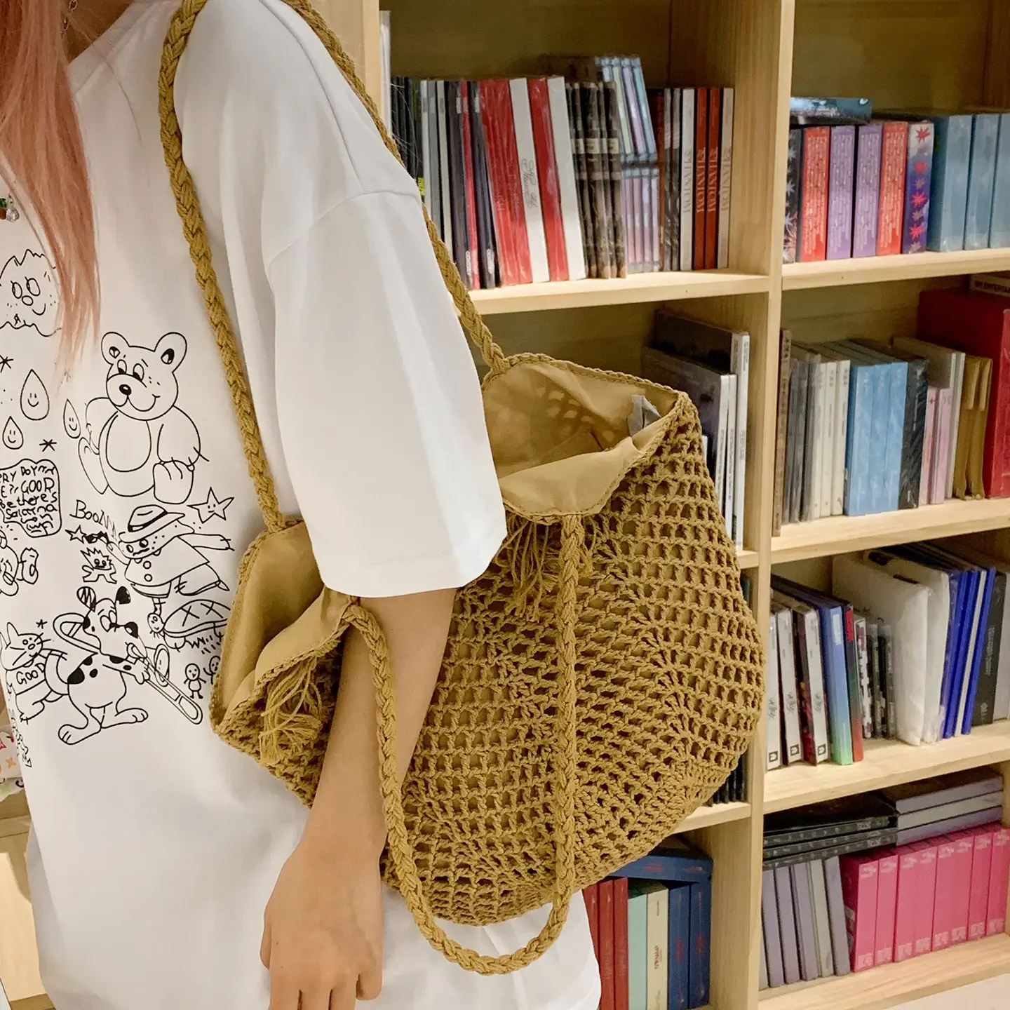Women's Cotton Woven Shoulder Bag Large Capacity Lazy Style - Image 5