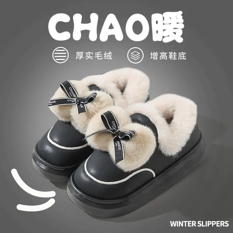 Bow-Knot Slippers with a Cushioned Feel, Women's Autumn and Winter Home Comfort Slippers, Lightweight, Warm, Thickened Fleece Maternity Slippers - Image 5