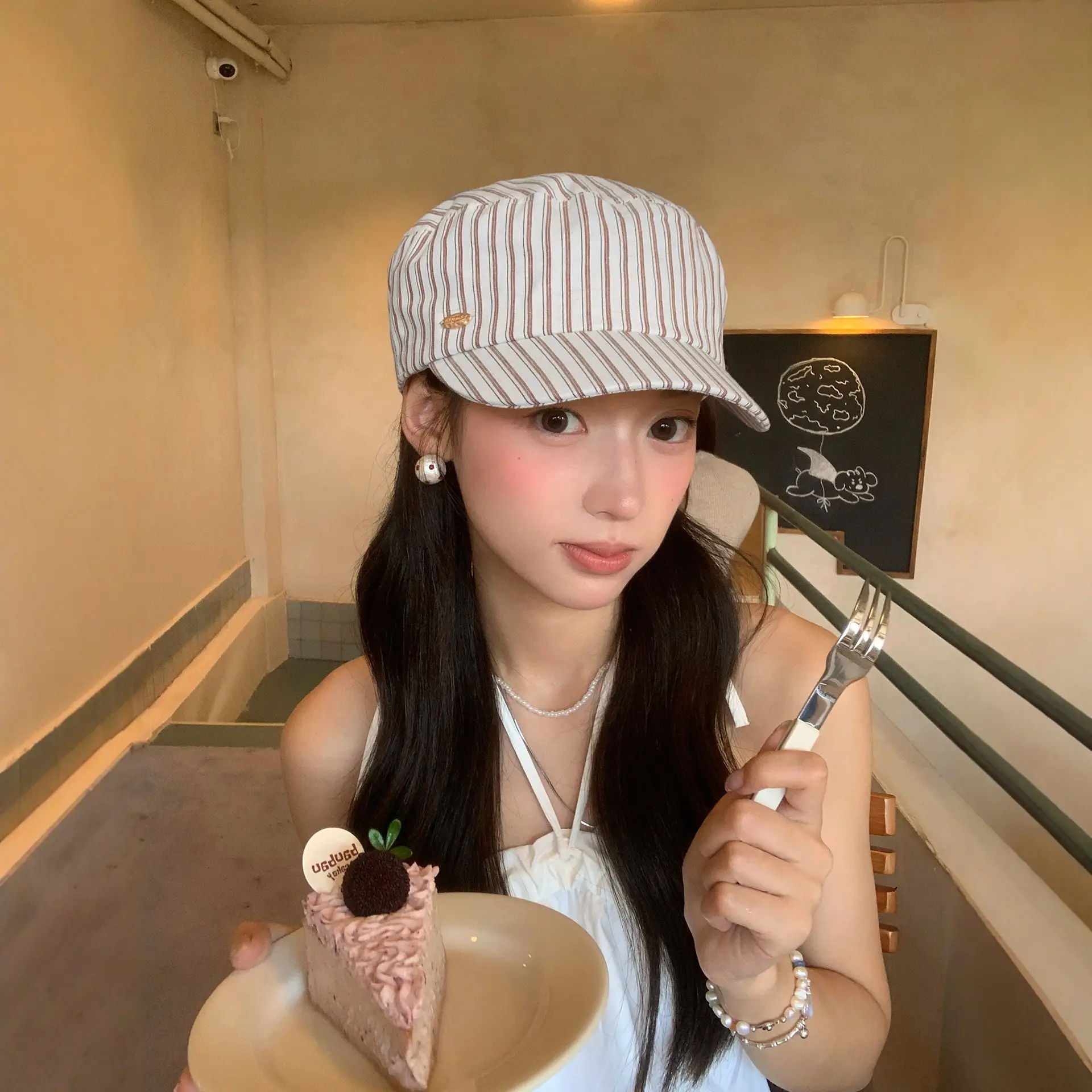 Korean Style Striped Beret for Women Navy - Image 4