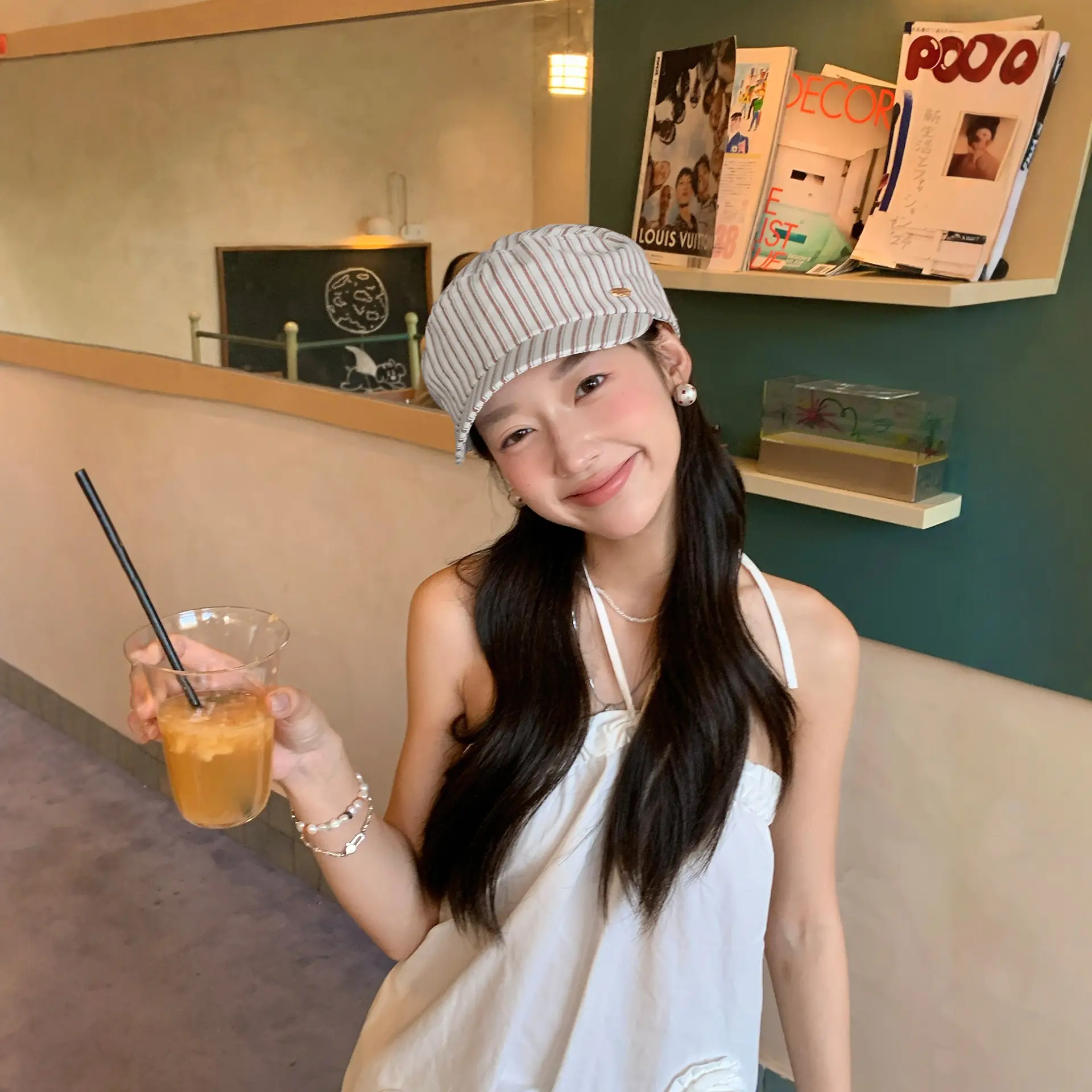 Korean Style Striped Beret for Women Navy - Image 5