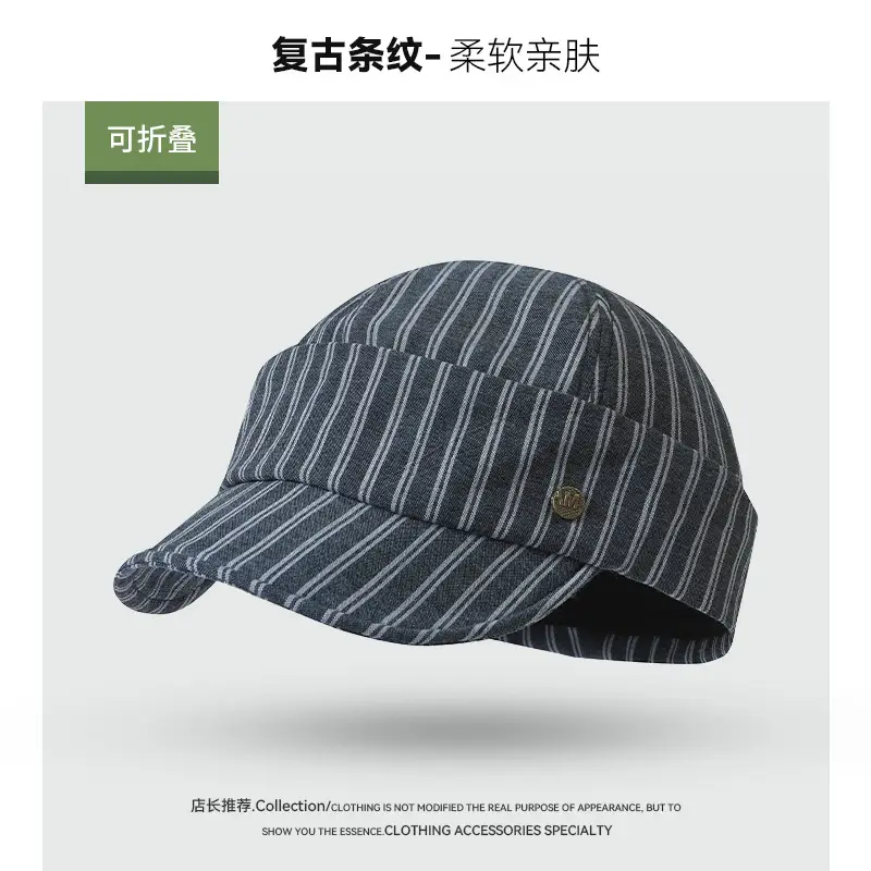 Korean Style Striped Beret for Women Navy - Image 2