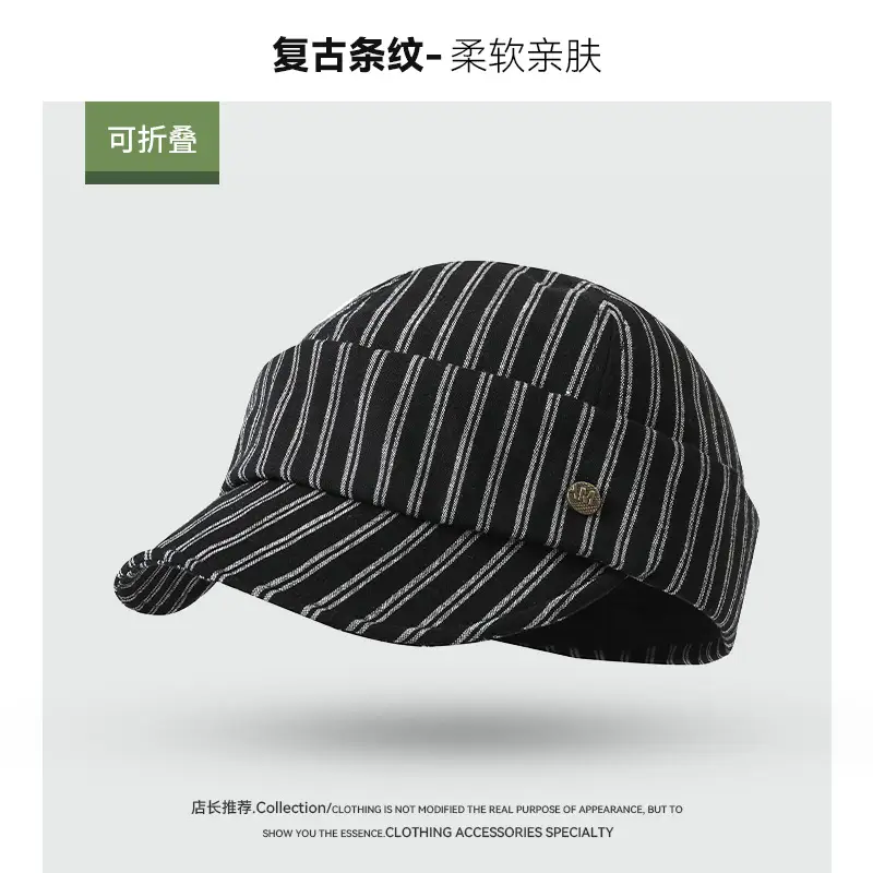 Korean Style Striped Beret for Women Navy - Image 3