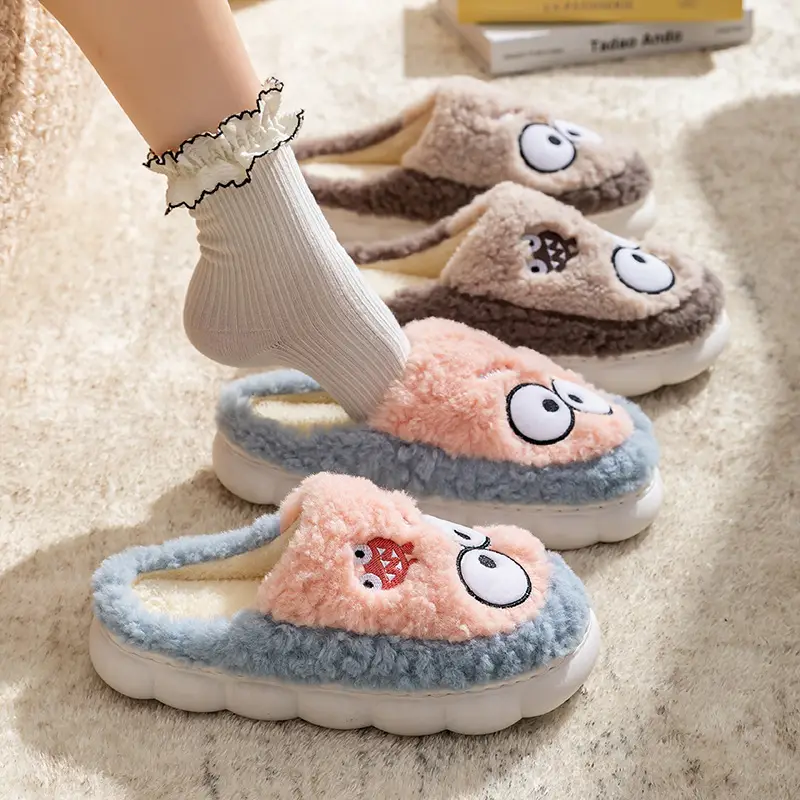 Home Autumn and Winter Cotton Slippers New Popular Style Cute Big Eyes Design Cotton Slippers Comfortable and Warm Can Be Worn Outside Furry Slippers - Image 9
