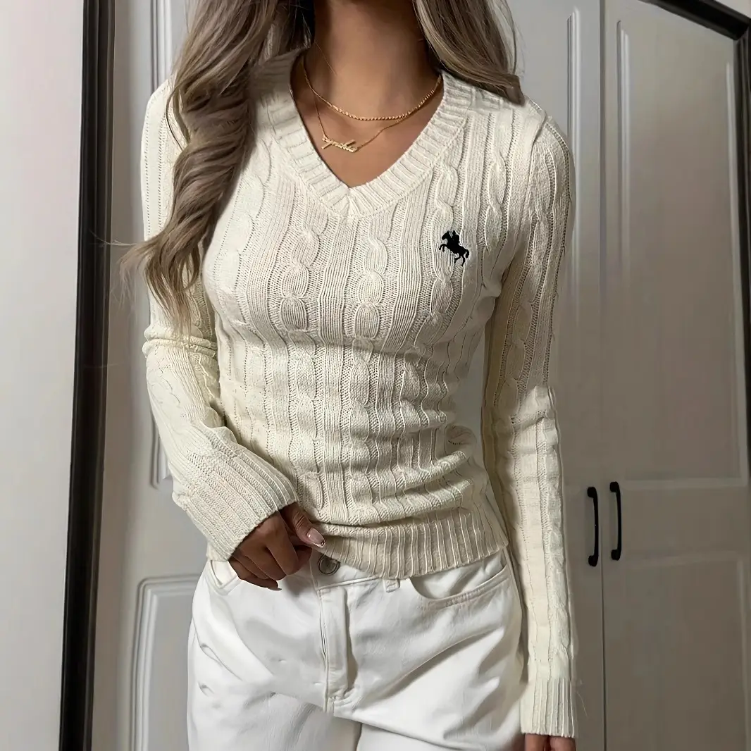 Women's Cream Knitted V-Neck Long Sleeve Pullover