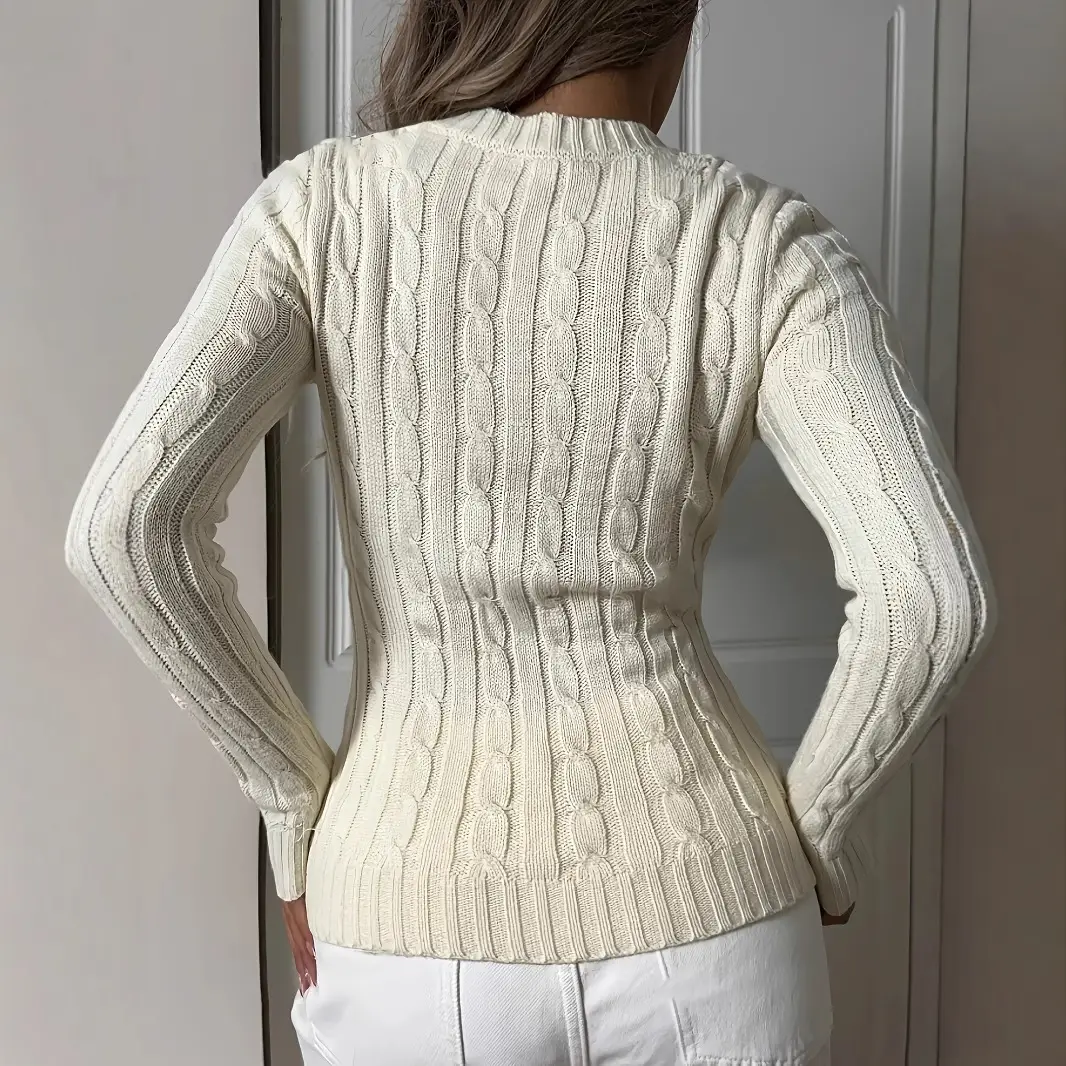 Women's Cream Knitted V-Neck Long Sleeve Pullover