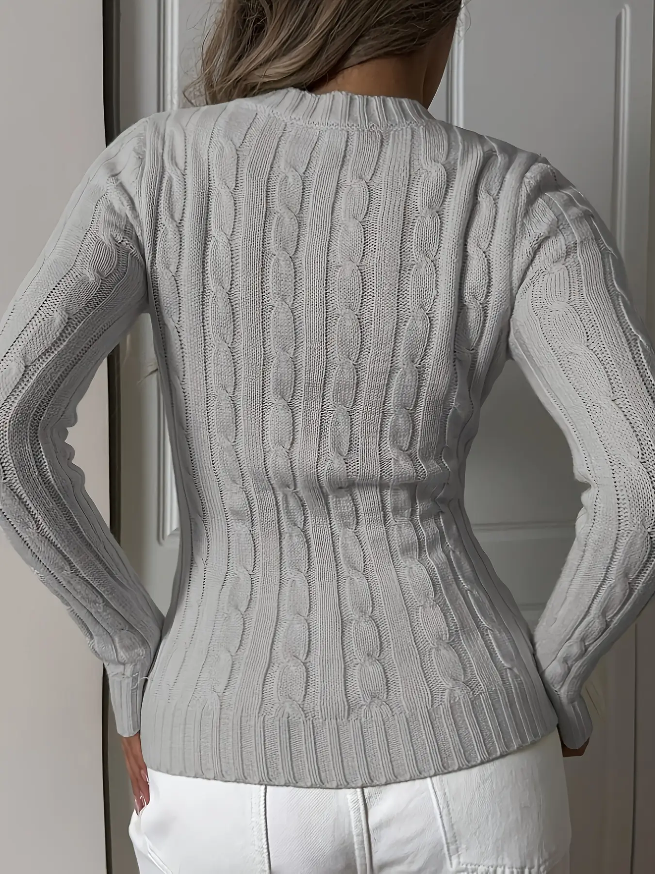 Women's Cream Knitted V-Neck Long Sleeve Pullover — feature 11