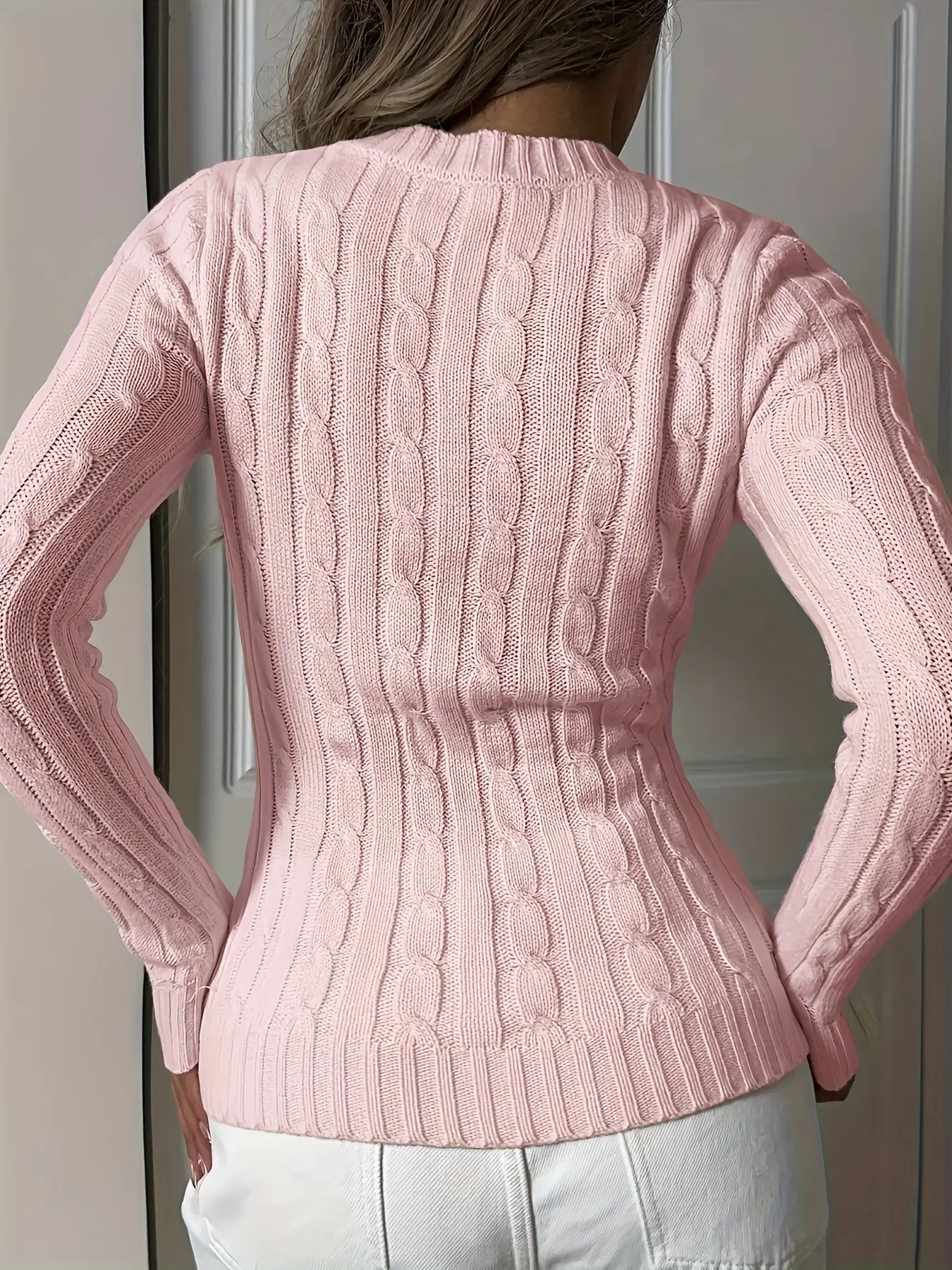 Women's Cream Knitted V-Neck Long Sleeve Pullover — feature 14