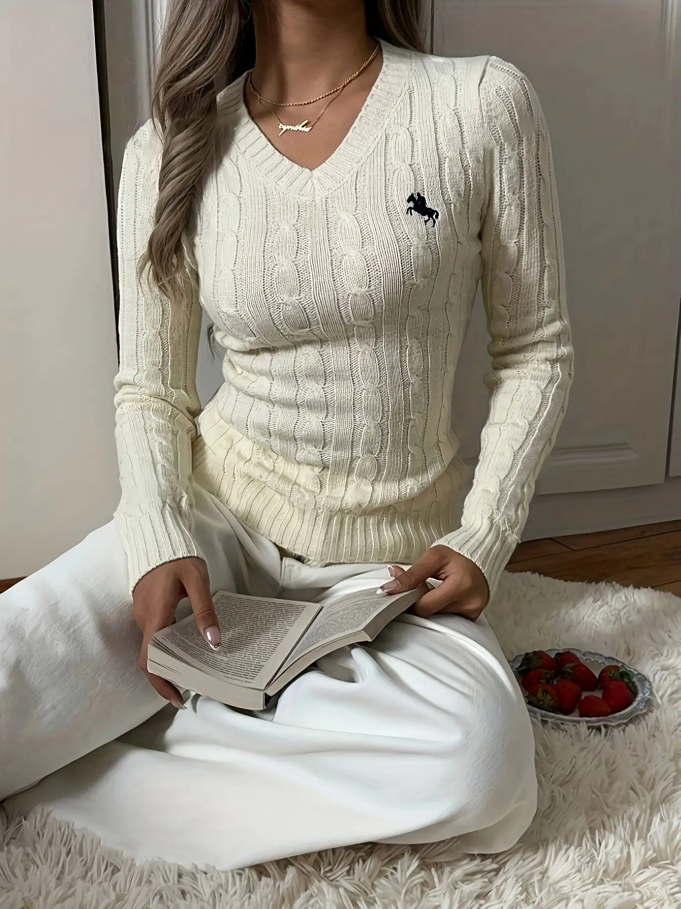 Women's Cream Knitted V-Neck Long Sleeve Pullover — feature 3