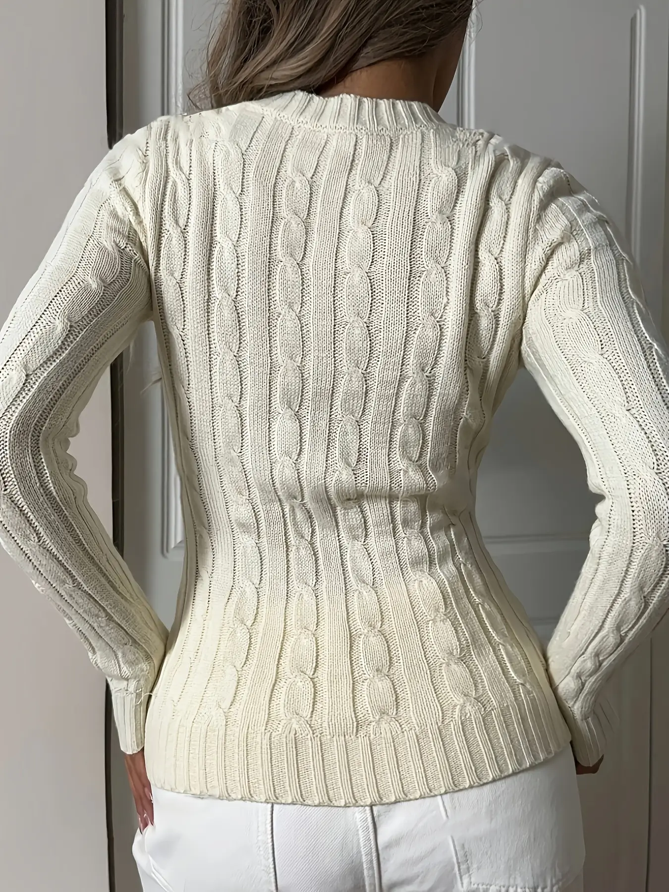 Women's Cream Knitted V-Neck Long Sleeve Pullover — feature 4