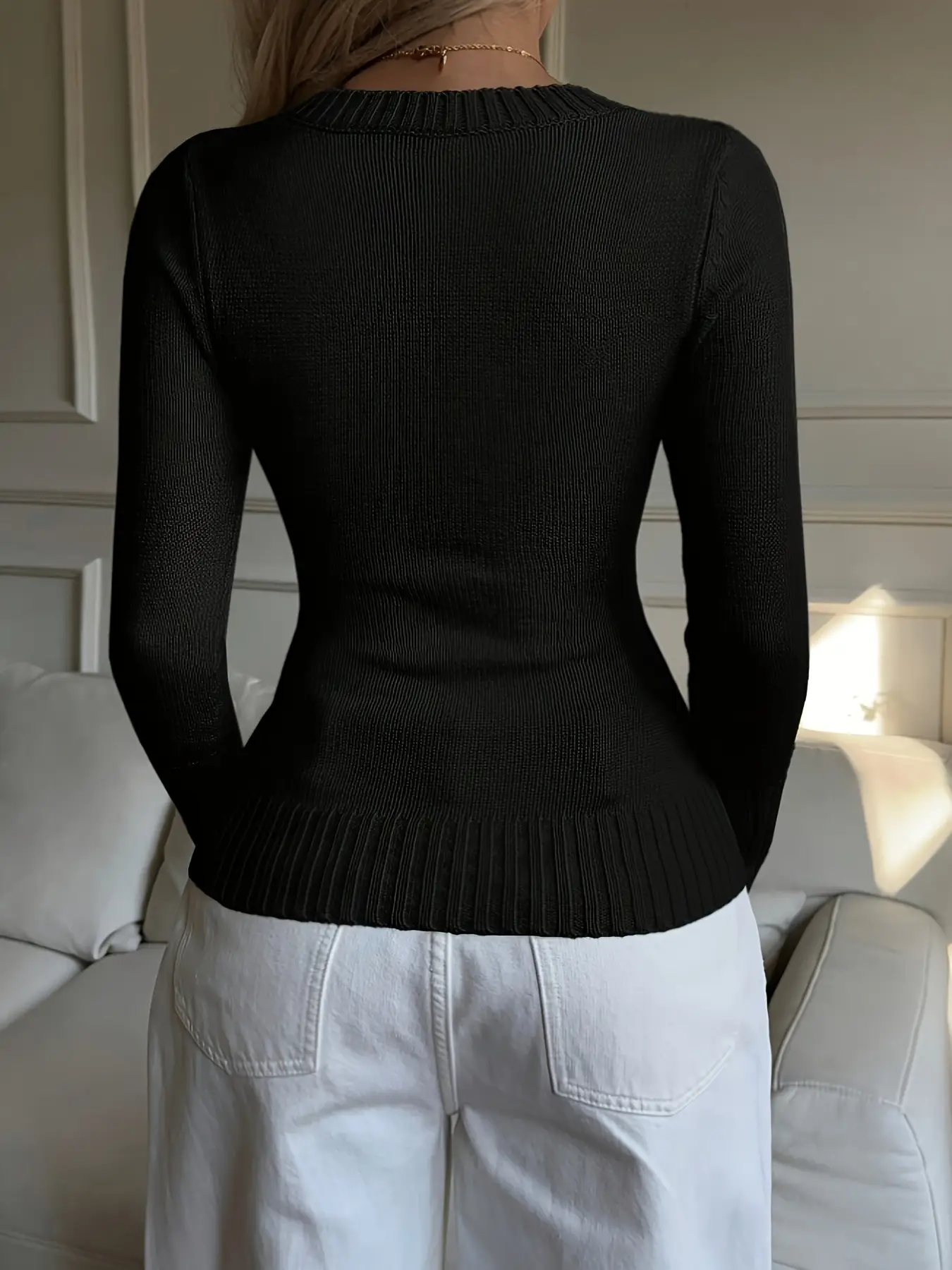 Women's Cream Knitted V-Neck Long Sleeve Pullover — feature 8
