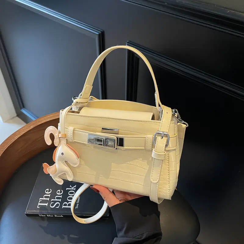 Beige Crossbody Bag with Doll Decor for Women