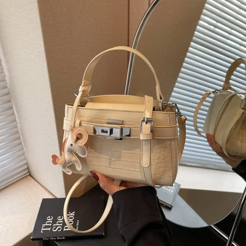 Beige Crossbody Bag with Doll Decor for Women