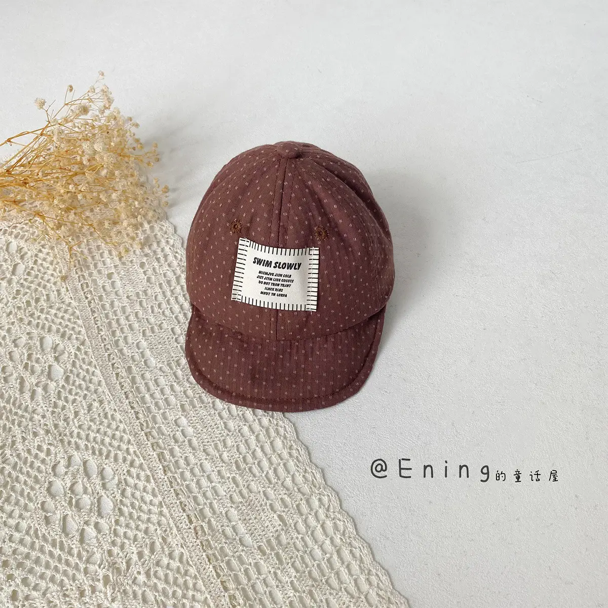 Children's Red Beaded Baseball Cap with White Label - Image 2