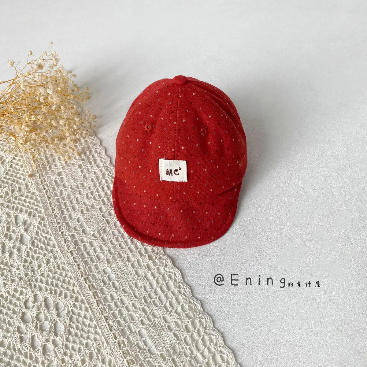 Children's Red Beaded Baseball Cap with White Label - Image 3