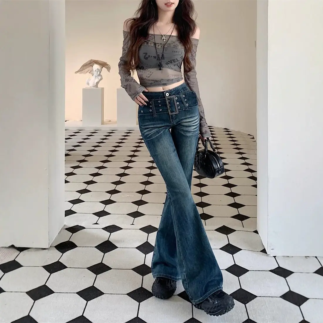 Women Micro-Flared Jeans Spring Autumn Retro Belt Elastic Slim Long Pants - Image 3