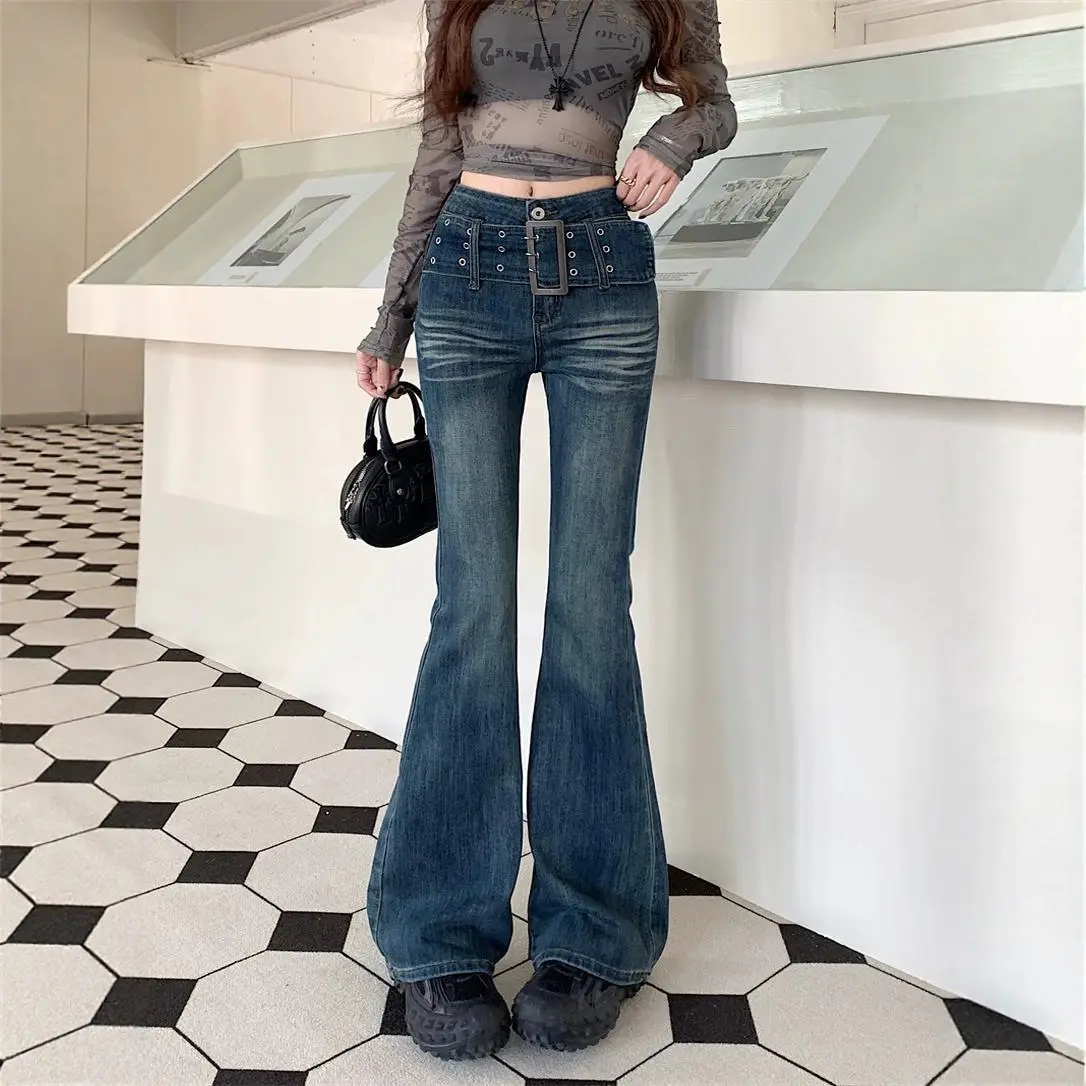 Women Micro-Flared Jeans Spring Autumn Retro Belt Elastic Slim Long Pants - Image 4