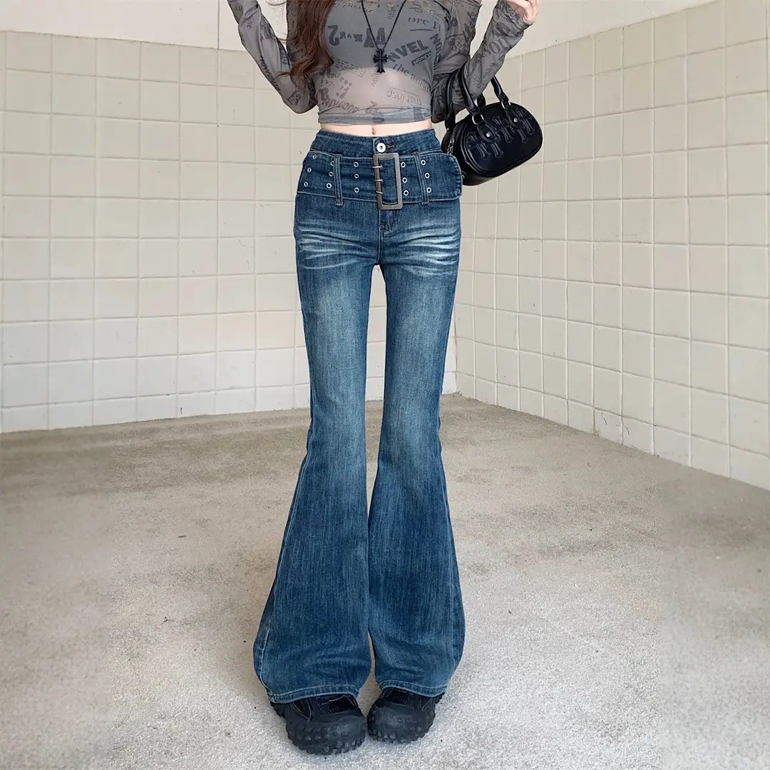 Women Micro-Flared Jeans Spring Autumn Retro Belt Elastic Slim Long Pants - Image 5