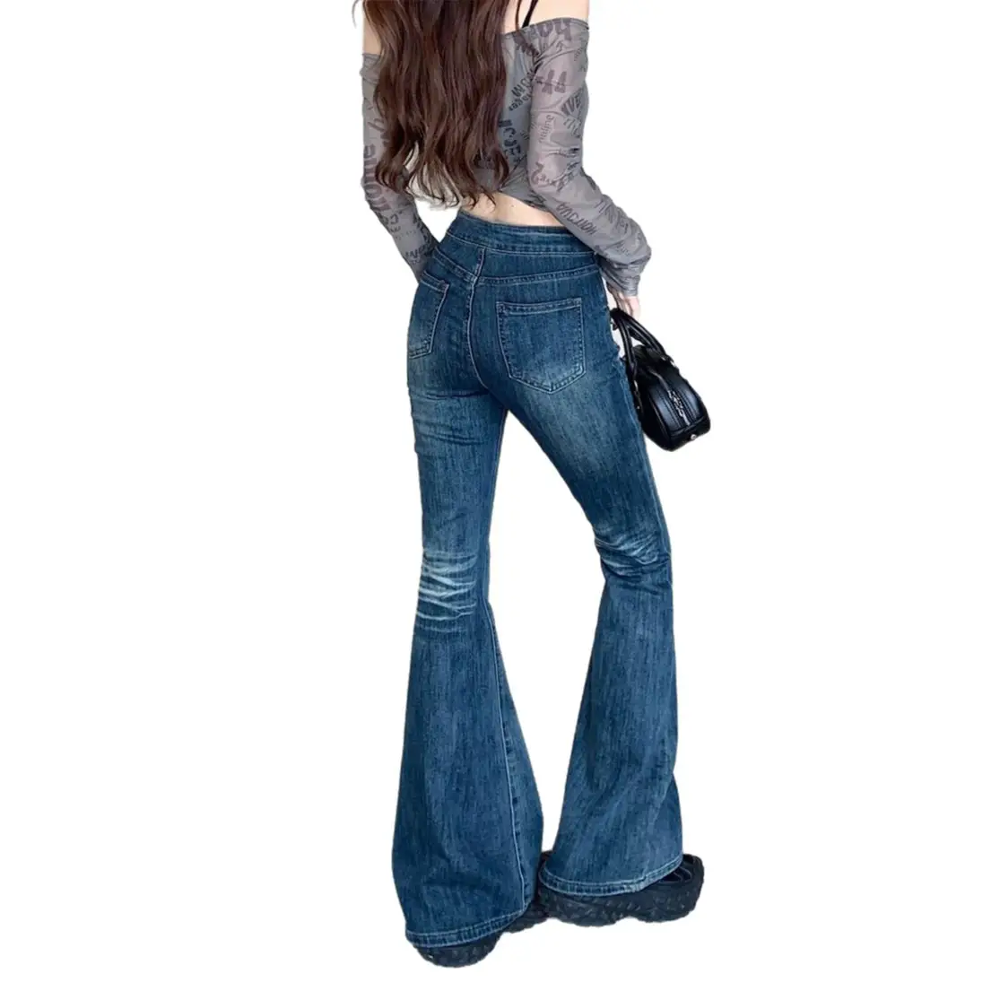 Women Micro-Flared Jeans Spring Autumn Retro Belt Elastic Slim Long Pants - Image 6