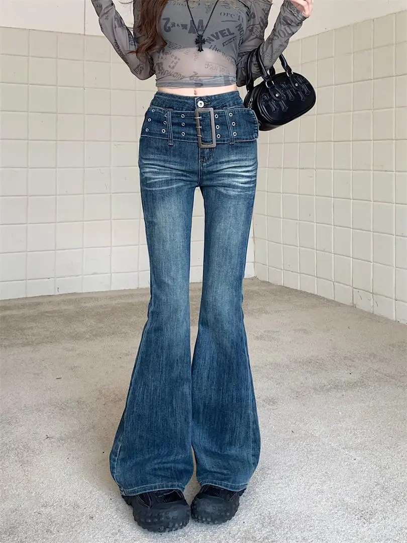 Women Micro-Flared Jeans Spring Autumn Retro Belt Elastic Slim Long Pants — feature 18