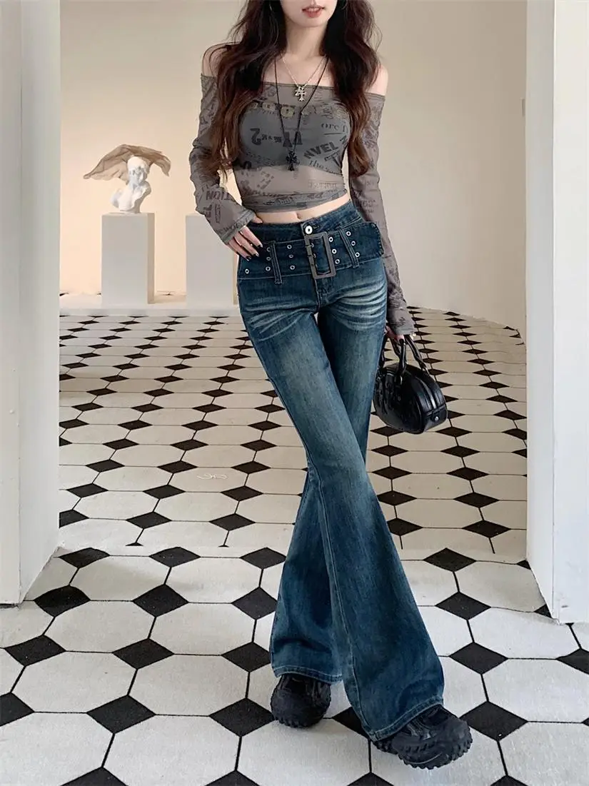 Women Micro-Flared Jeans Spring Autumn Retro Belt Elastic Slim Long Pants — feature 21
