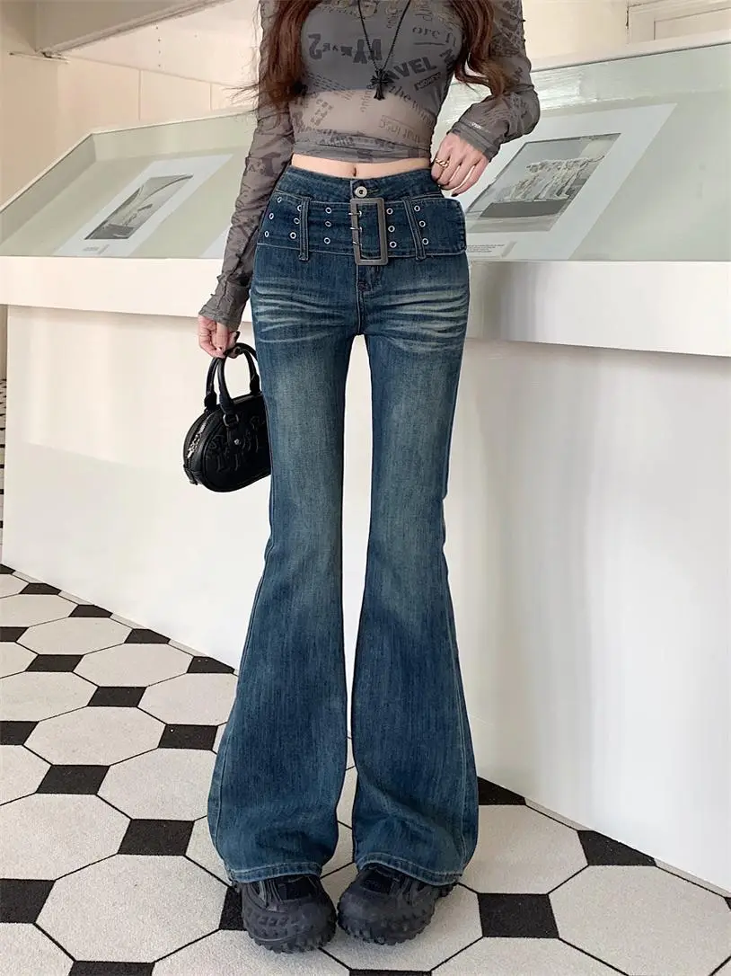 Women Micro-Flared Jeans Spring Autumn Retro Belt Elastic Slim Long Pants — feature 22