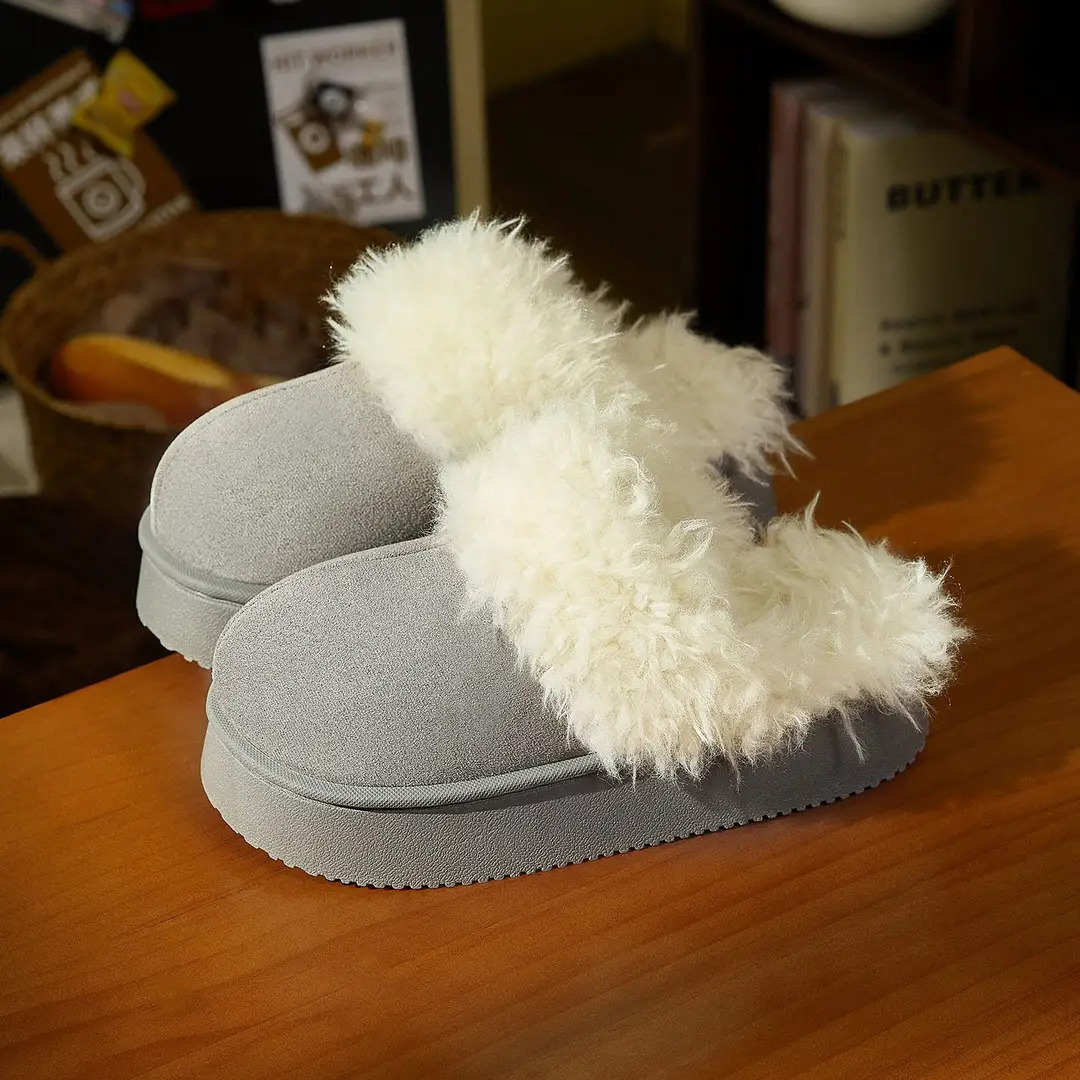 Kuanhe Autumn and Winter New Products Warm, Comfortable and Soft Cotton Latex Slippers Plush Shoes Fleece-Lined Indoor and Outdoor Wear for Women