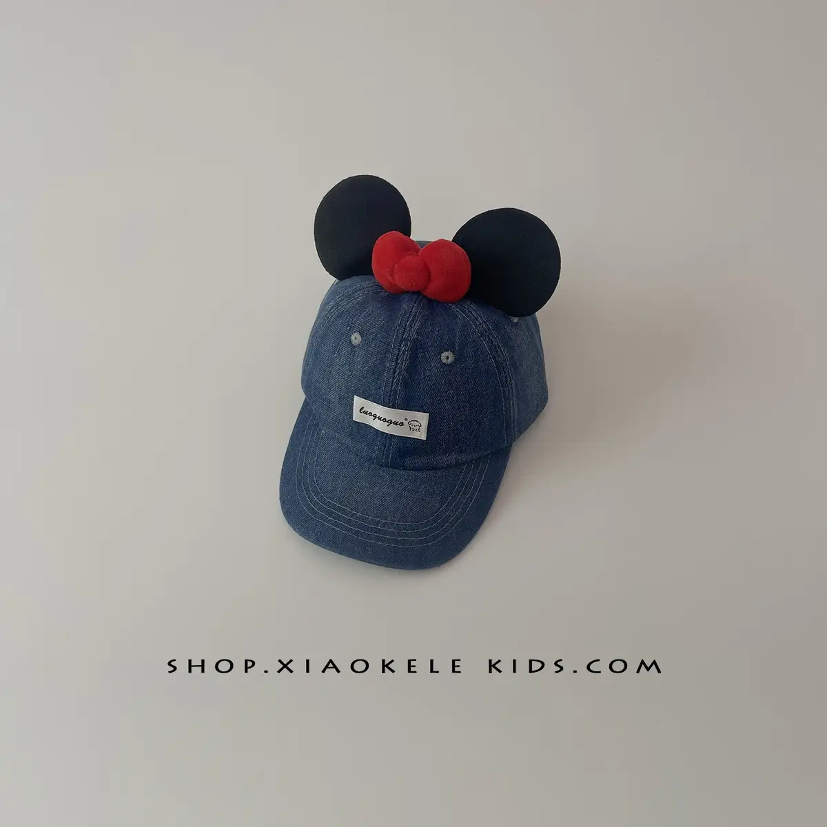 Mickey Mouse Denim Cap Blue Red Bow for Kids - Image 2