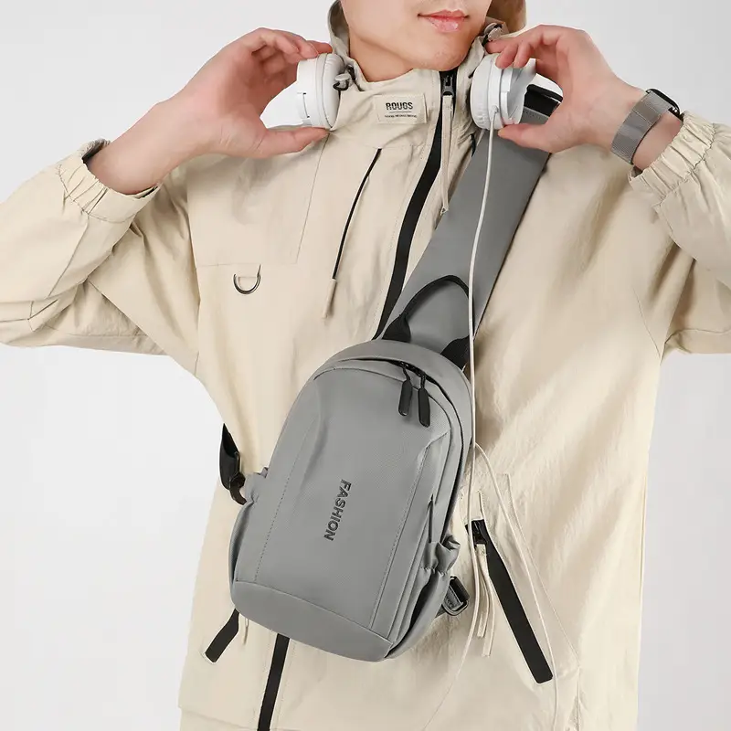 Men's Grey Leather Chest Bag Large Capacity Lightweight Shoulder Bag - Image 6