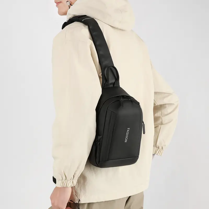 Men's Grey Leather Chest Bag Large Capacity Lightweight Shoulder Bag - Image 7