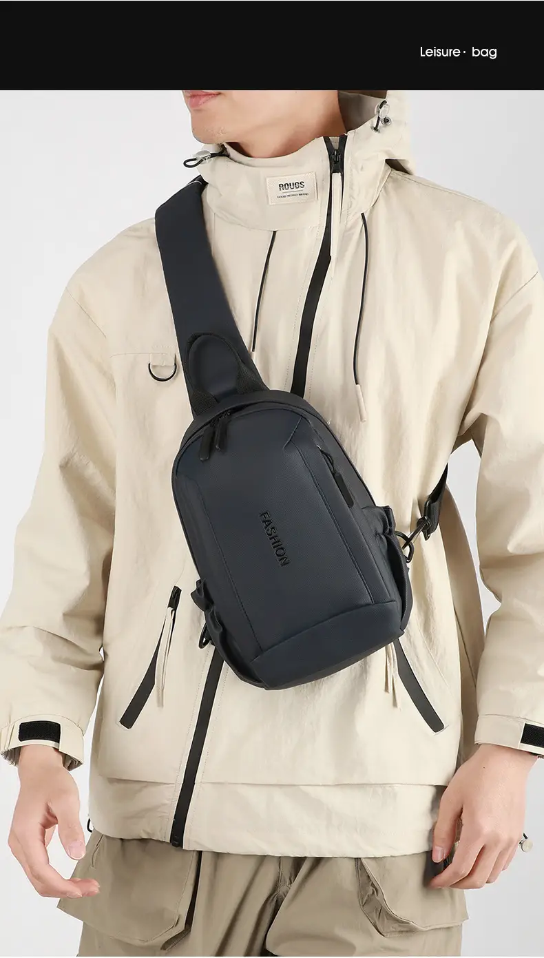 Men's Grey Leather Chest Bag Large Capacity Lightweight Shoulder Bag — feature 1