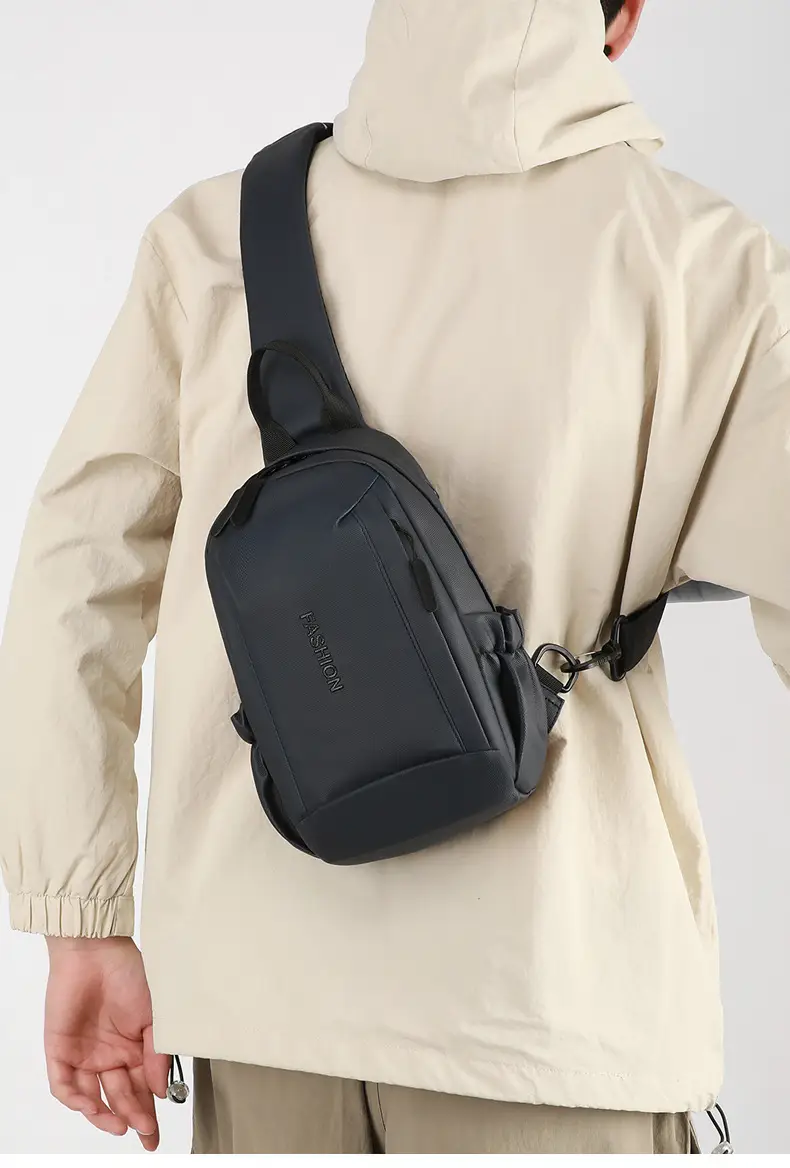 Men's Grey Leather Chest Bag Large Capacity Lightweight Shoulder Bag — feature 13