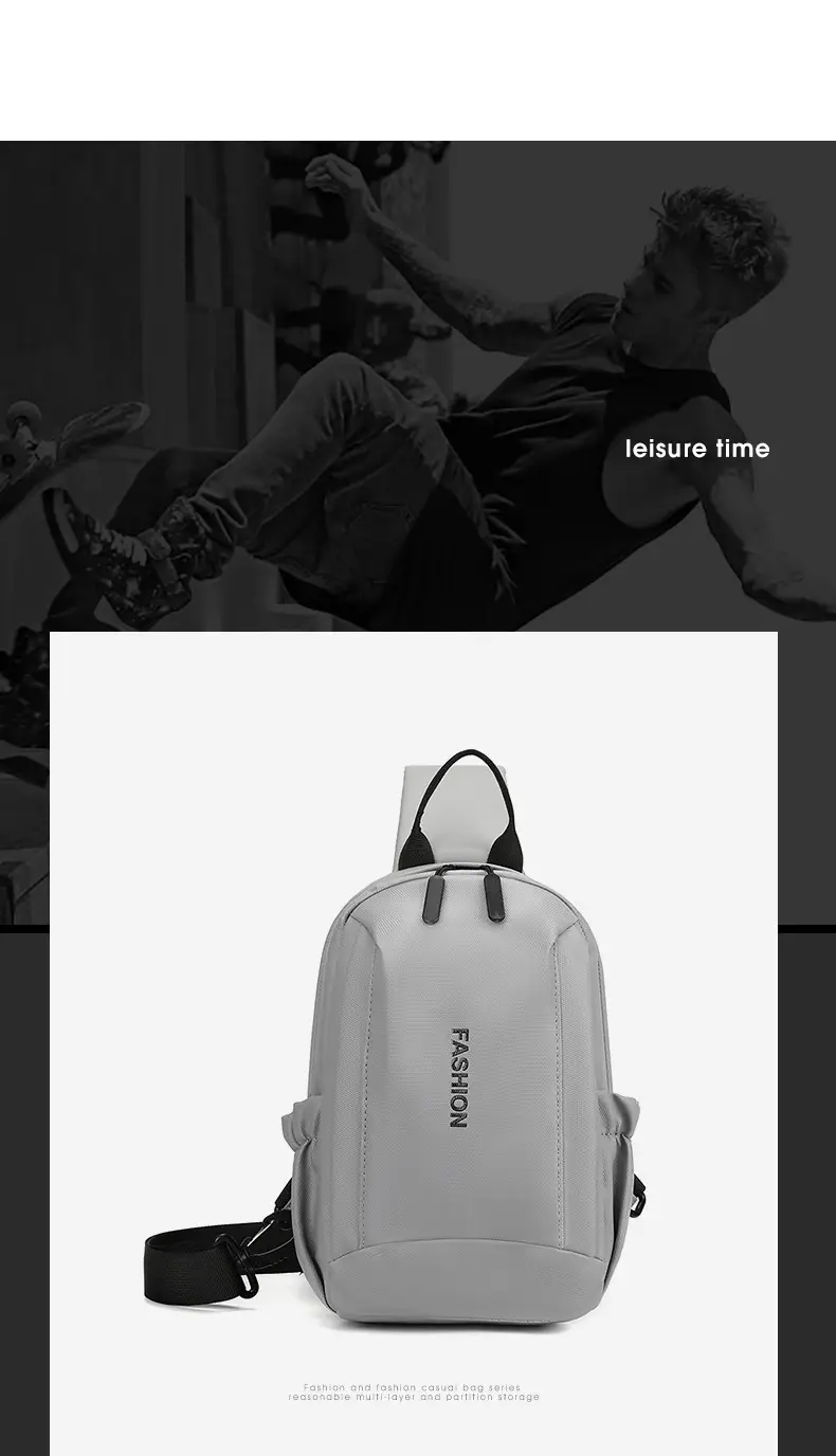 Men's Grey Leather Chest Bag Large Capacity Lightweight Shoulder Bag — feature 21