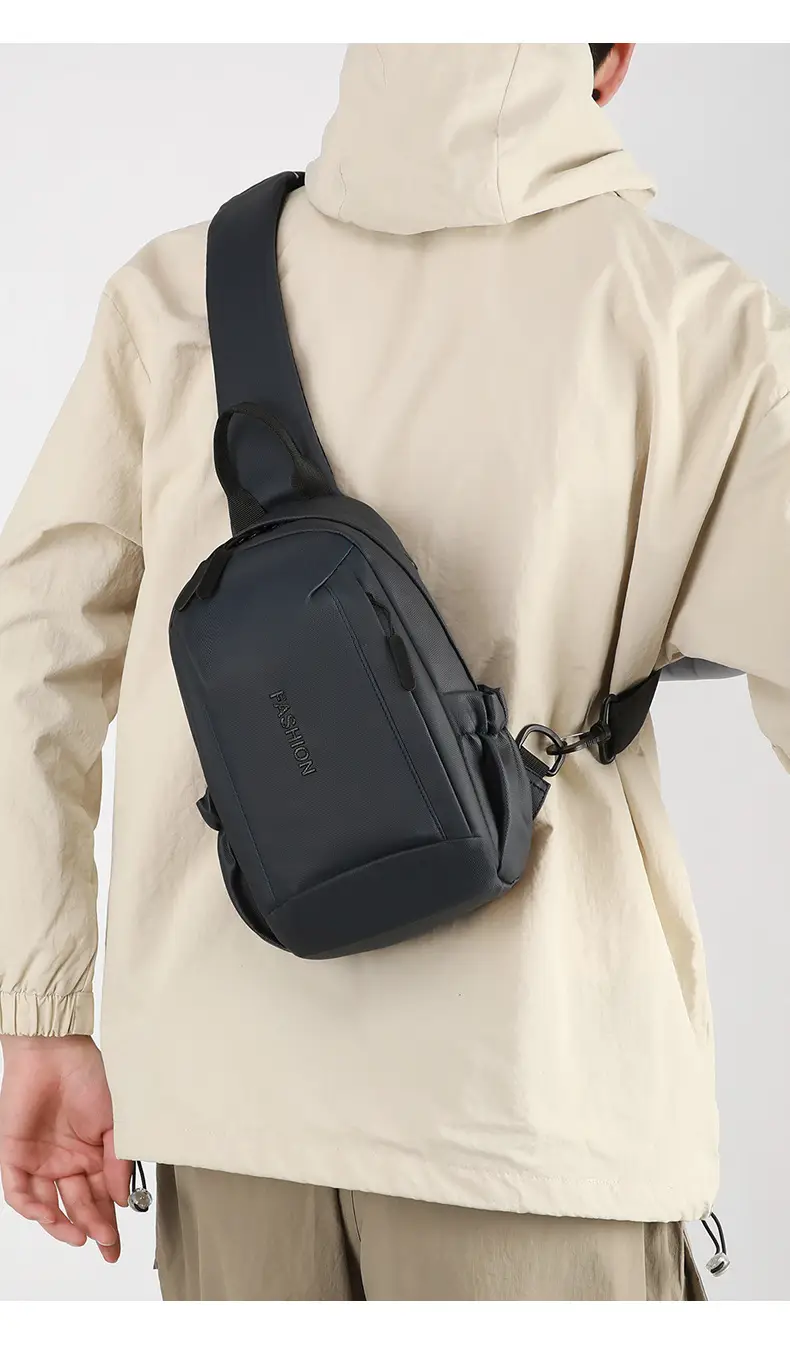 Men's Grey Leather Chest Bag Large Capacity Lightweight Shoulder Bag — feature 26