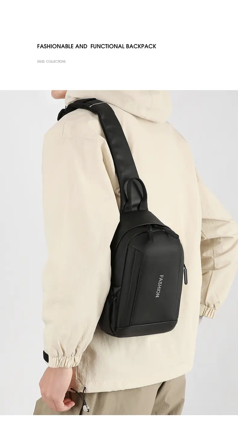 Men's Grey Leather Chest Bag Large Capacity Lightweight Shoulder Bag — feature 3