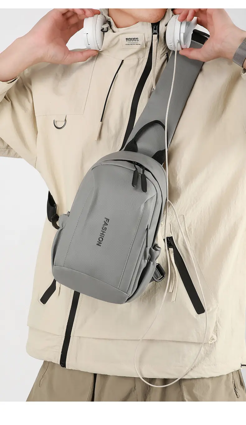 Men's Grey Leather Chest Bag Large Capacity Lightweight Shoulder Bag — feature 30