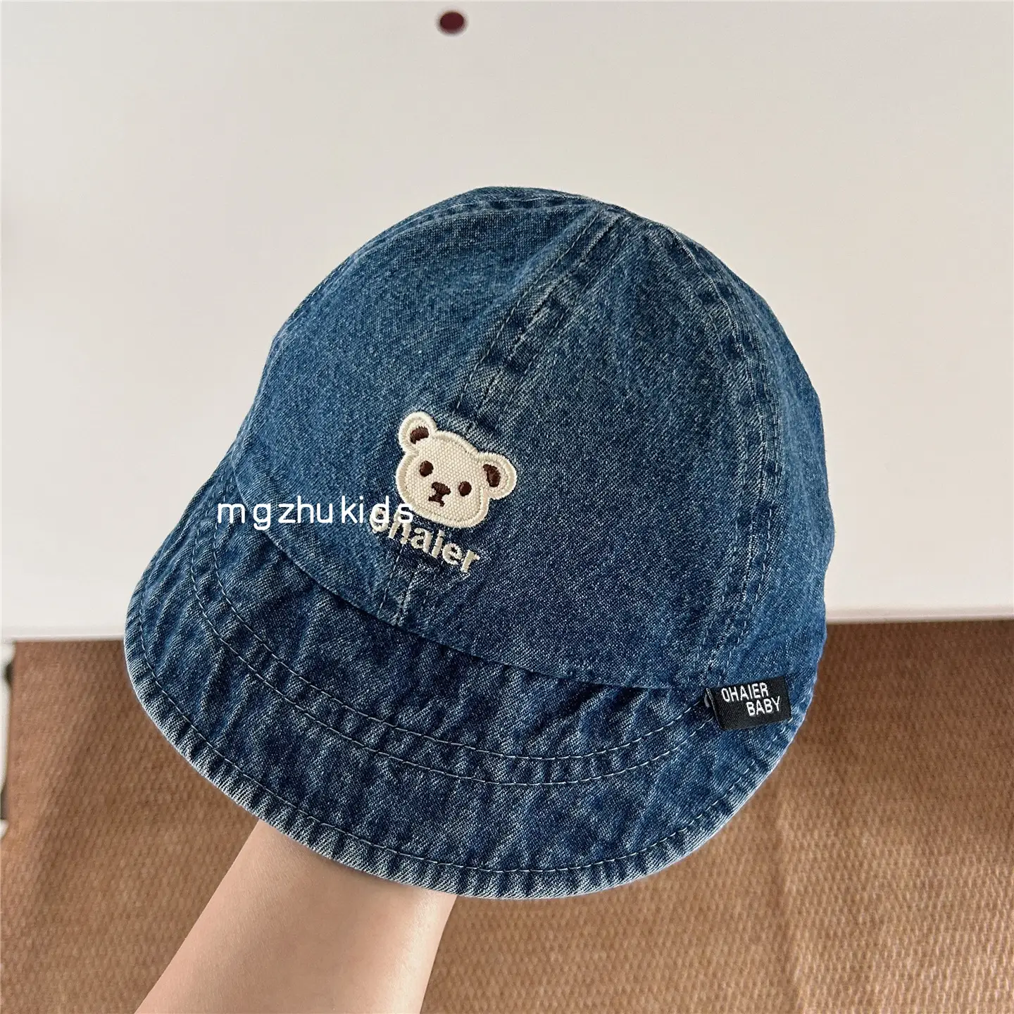 Children's Soft Denim Peaked Hats with Bear Earrings - Image 4
