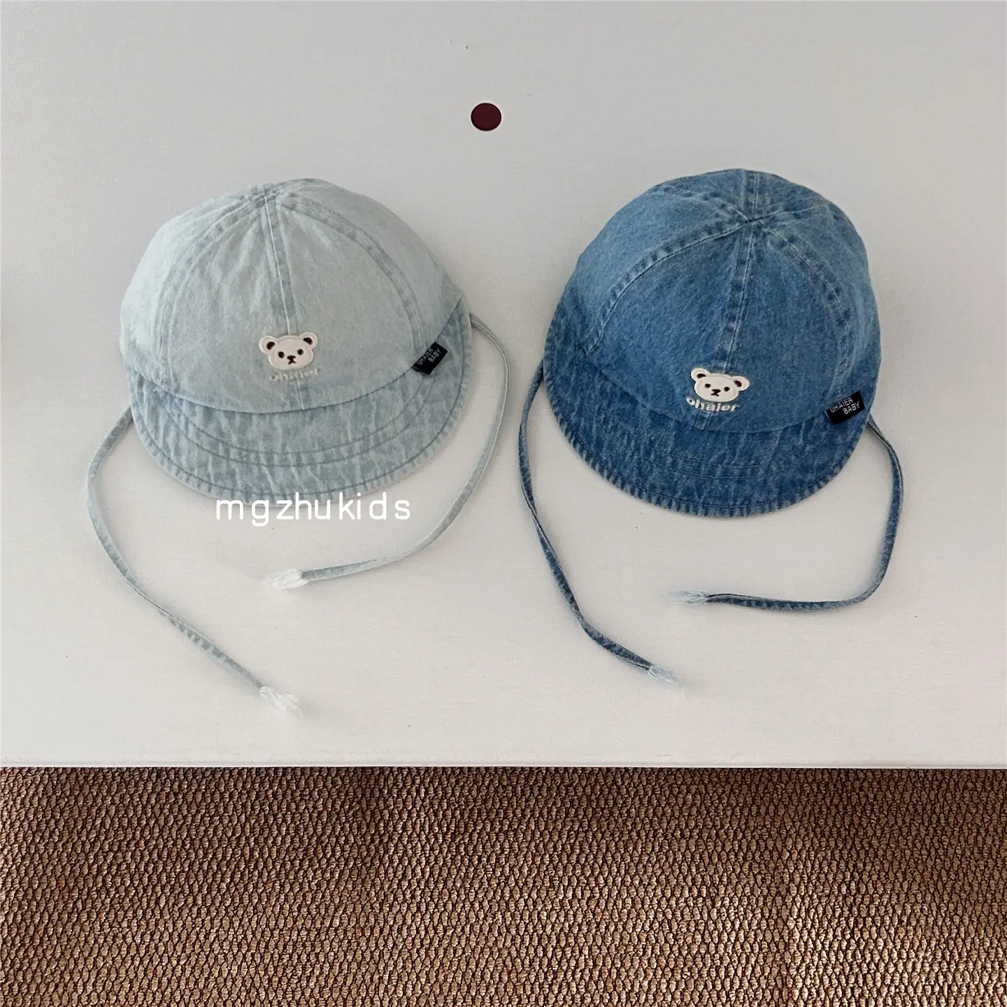 Children's Soft Denim Peaked Hats with Bear Earrings - Image 5