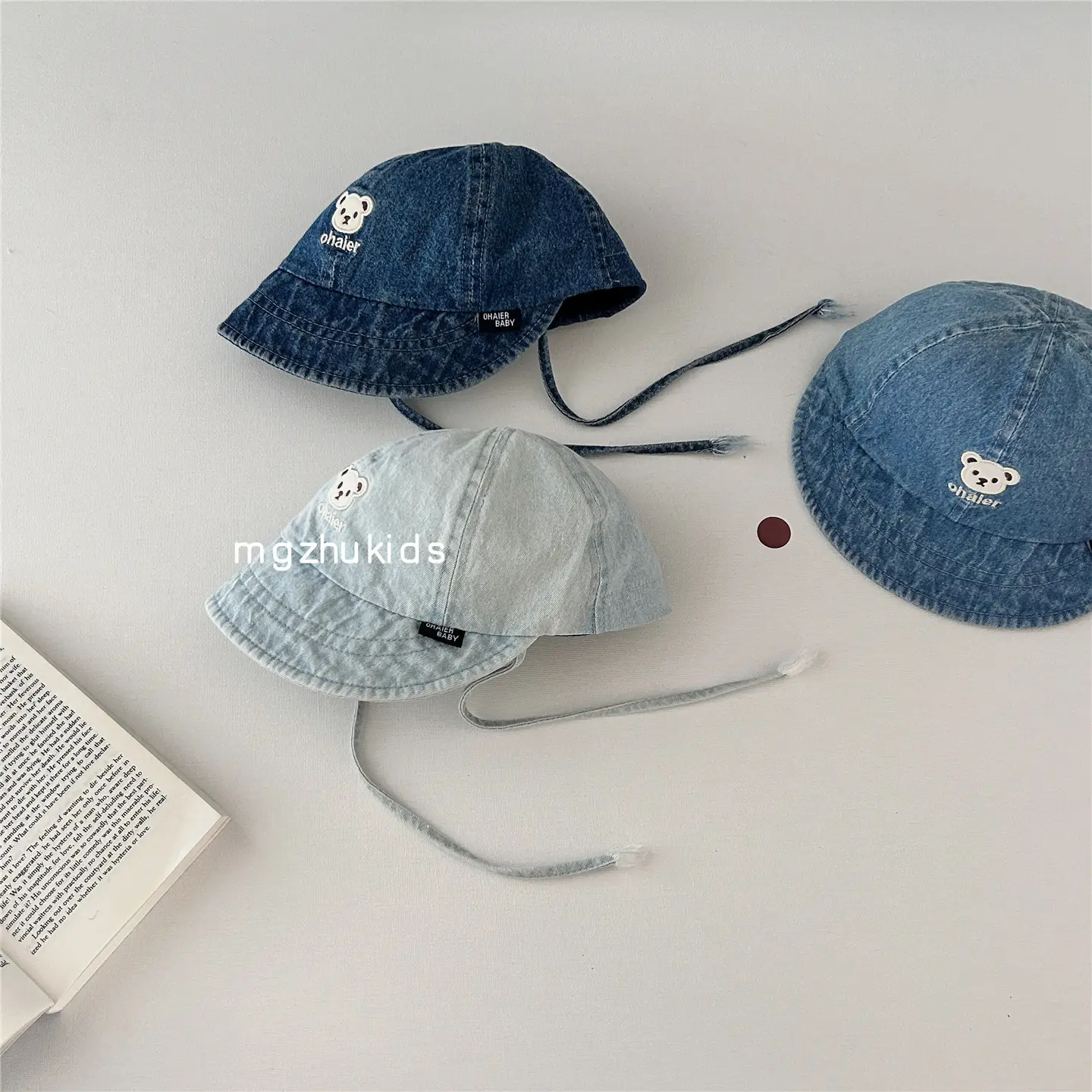 Children's Soft Denim Peaked Hats with Bear Earrings - Image 6