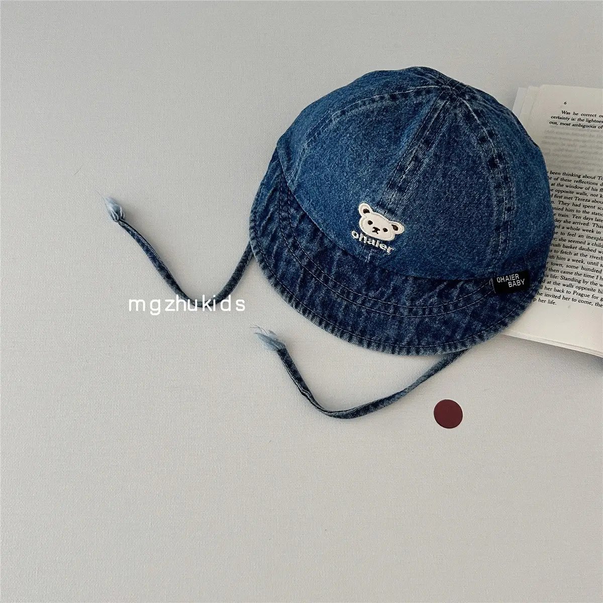 Children's Soft Denim Peaked Hats with Bear Earrings - Image 3