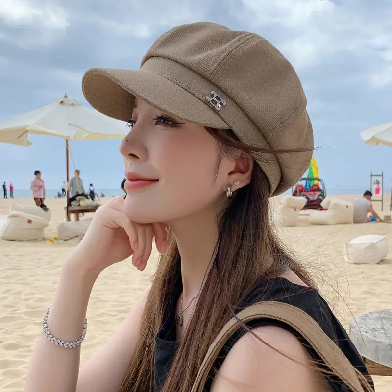 Women's Beige British Fashion Octagonal Beret Hat - Image 5