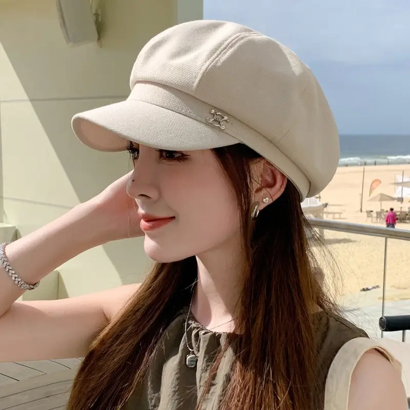 Women's Beige British Fashion Octagonal Beret Hat - Image 6