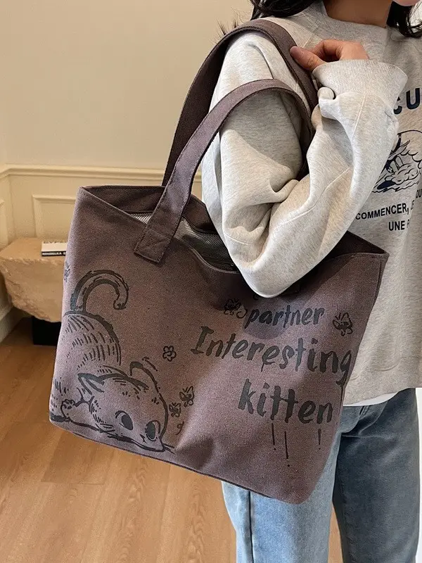 Women Canvas Tote Bag with Cat Print Large Capacity - Image 6